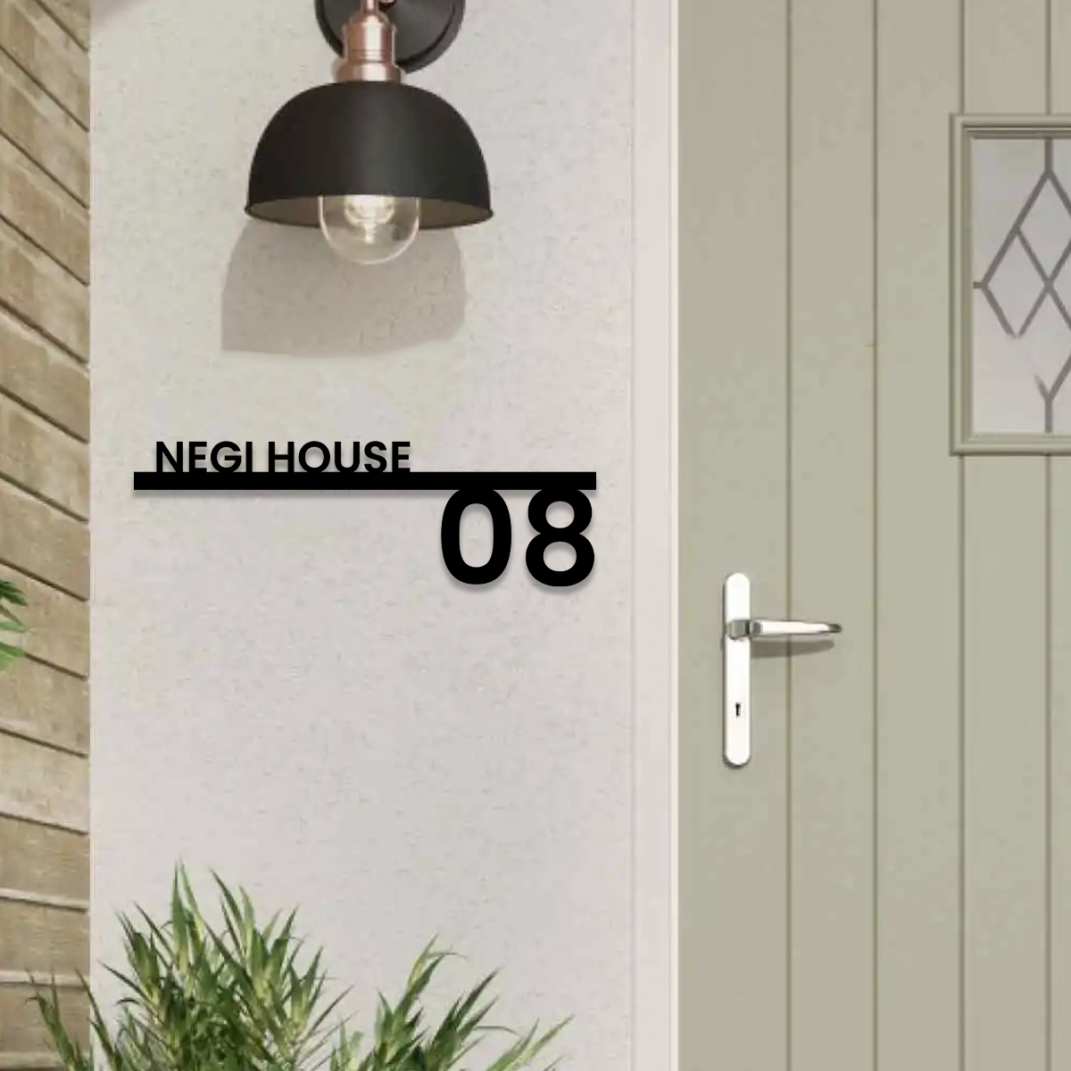 matte black acrylic house name plate with horizontal bar and bold number modern entrance signage