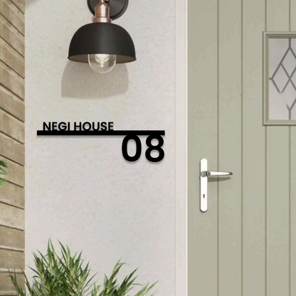 matte black acrylic house name plate with horizontal bar and bold number modern entrance signage