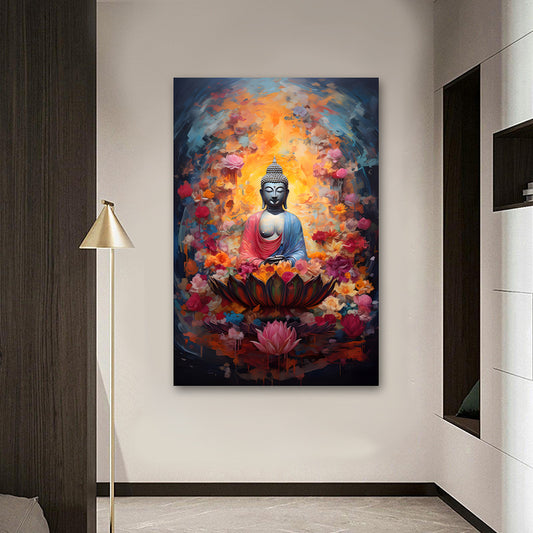 meditating buddha lotus colorful floral spiritual wall painting canvas