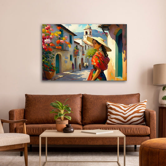 Mediterranean street scene wall painting colorful European village canvas art for living room