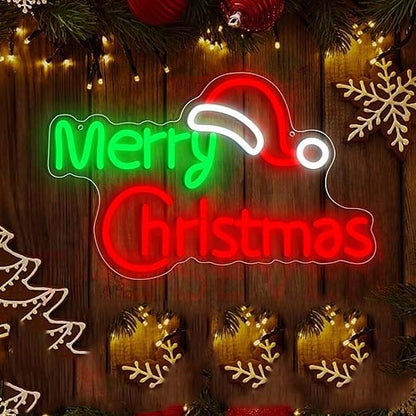 Merry Christmas Hat Neon Sign Board LED Festive Neon Light Wall Decor