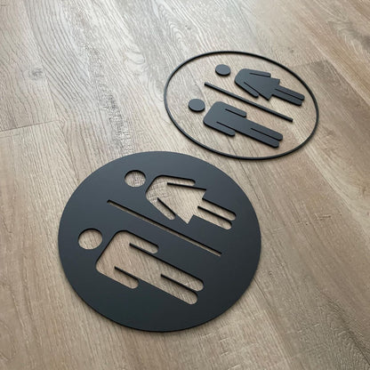 Metal restroom signage icons with male and female symbols for wall mounting
