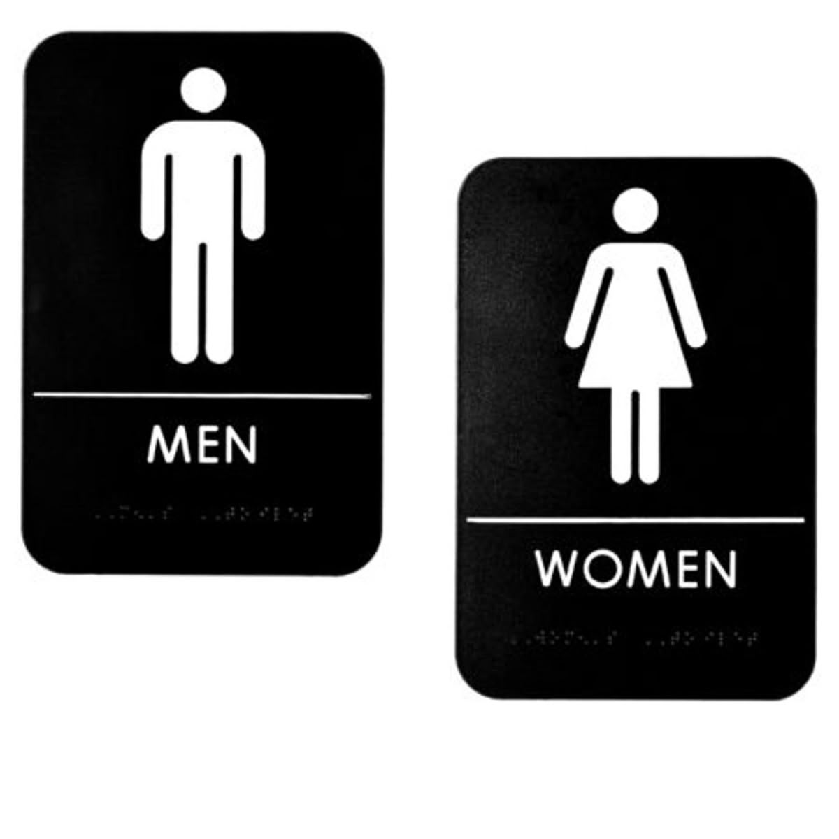 Minimal black men and women restroom sign set with white icons
