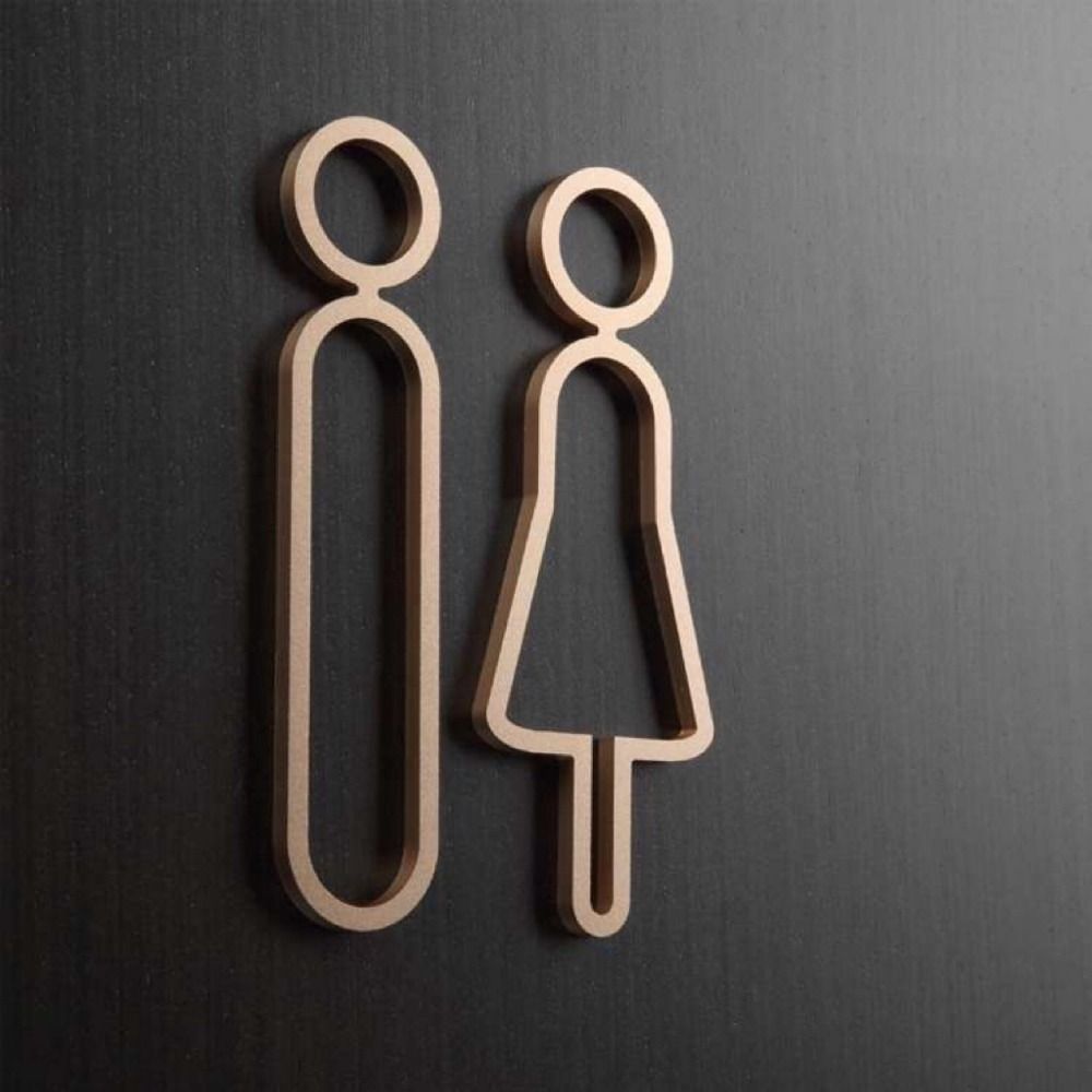 Minimal line art men women restroom sign in gold finish
