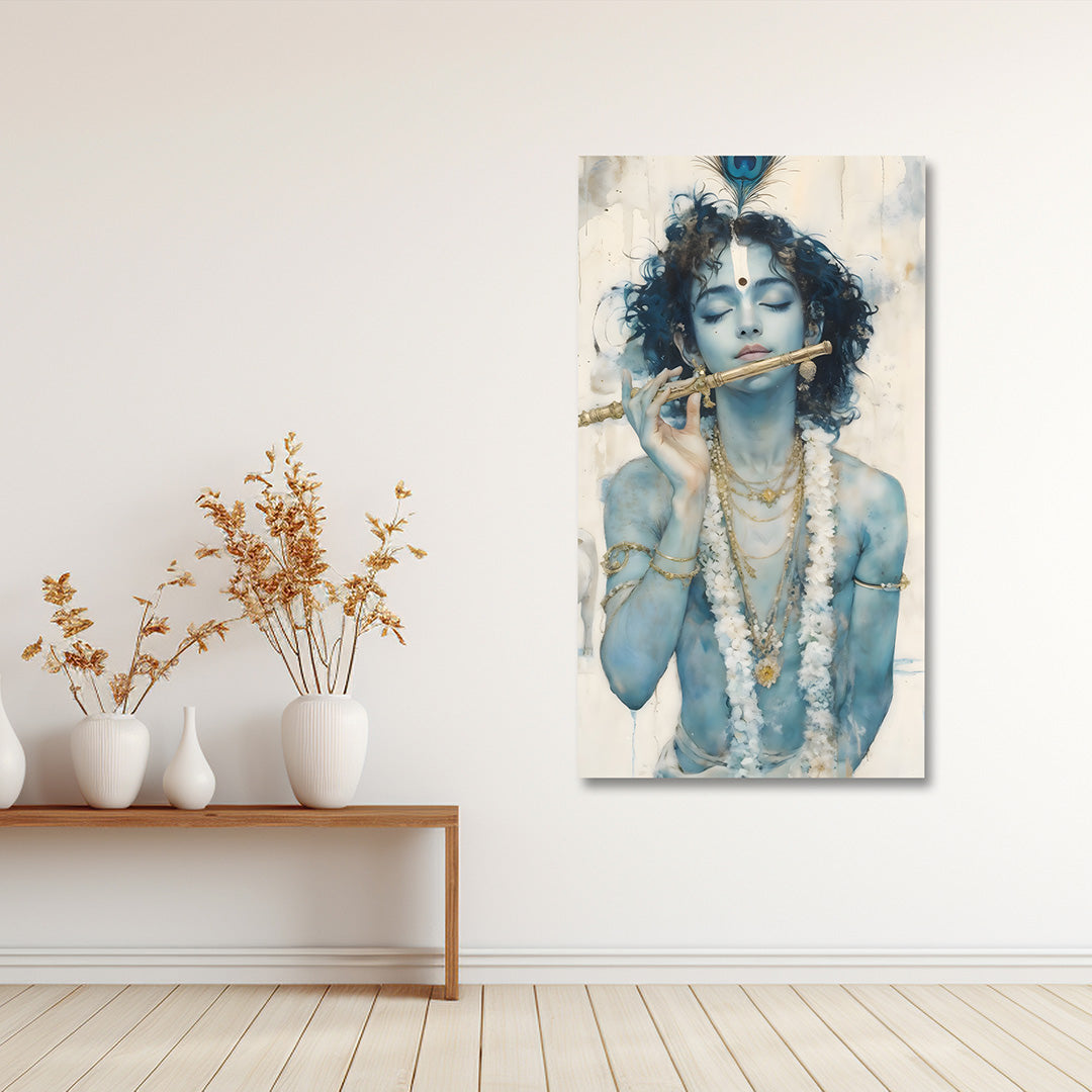 minimal lord krishna flute canvas painting frame soft tone modern wall decor living room