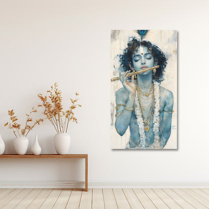 minimal lord krishna flute canvas painting frame soft tone modern wall decor living room