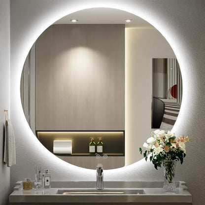 minimal circular LED wall mirror with soft ambient lighting for contemporary bathroom décor