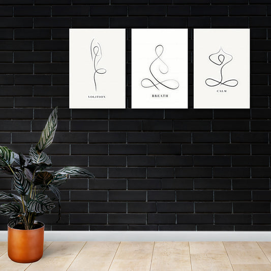 Minimalist line art wall art set of 3 with yoga meditation and calm breath design
