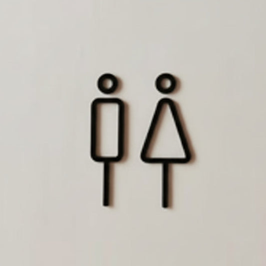Minimalist male female restroom sign with modern black line icons for bathroom door signage.