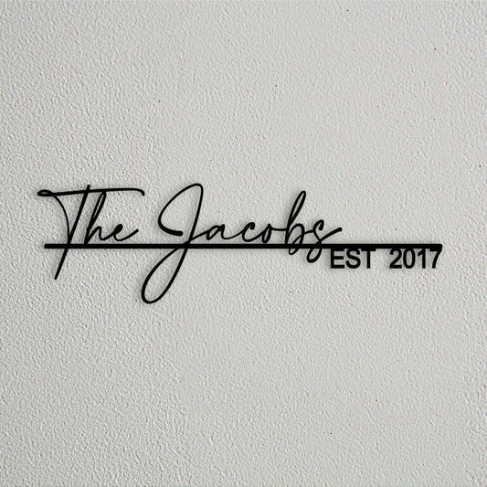 minimalist metal script family name plate custom wall sign with established year modern home decor