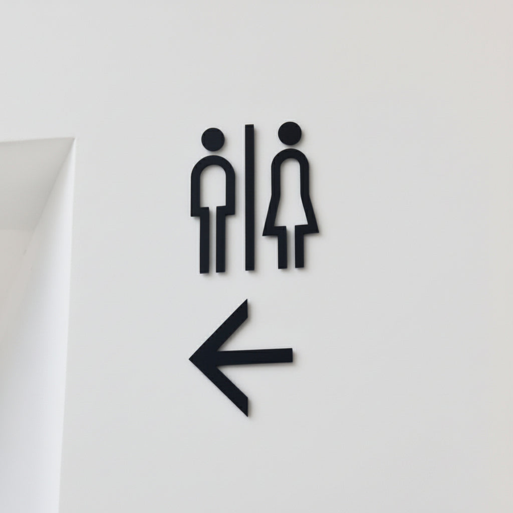 Minimalist restroom wall sign with left arrow
