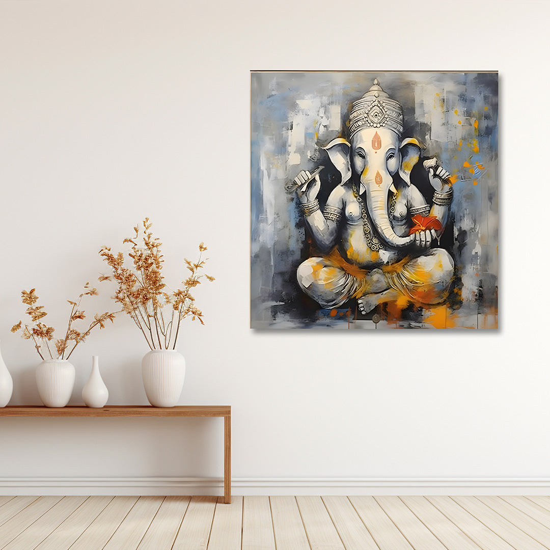 modern abstract Ganesha canvas painting grey gold wall art for living room decor
