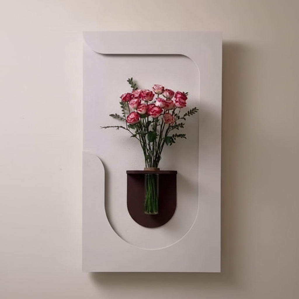modern abstract wall panel with glass vase and pink flowers decor
