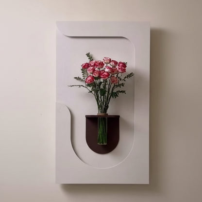 modern abstract wall panel with glass vase and pink flowers decor
