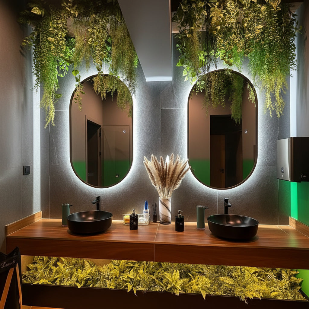 modern arch LED bathroom mirror set with warm backlight double vanity mirrors luxury interior