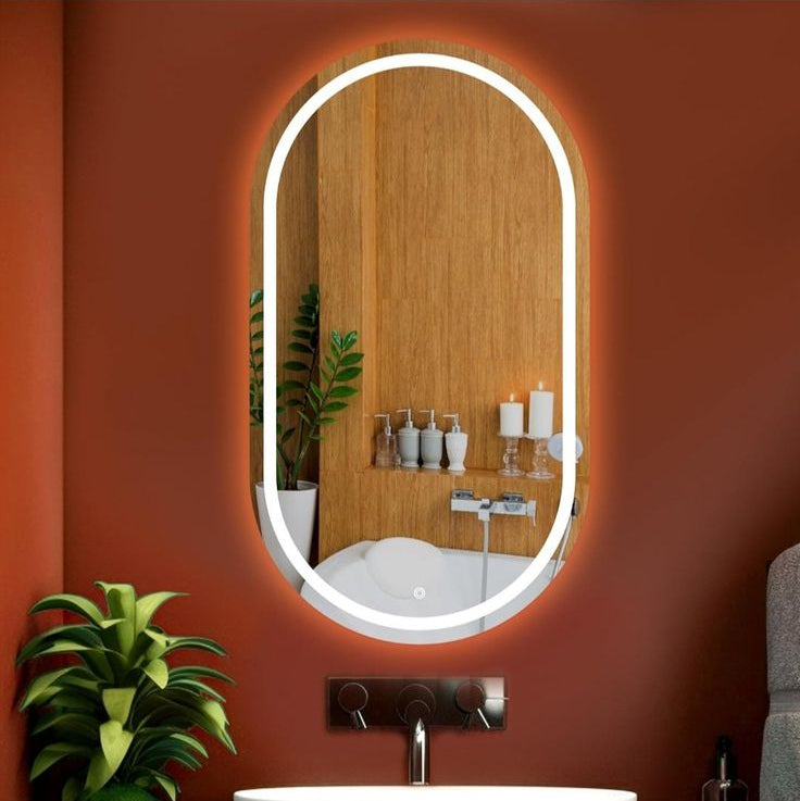 modern arch LED bathroom mirror with warm backlight capsule shape vanity mirror stylish interior