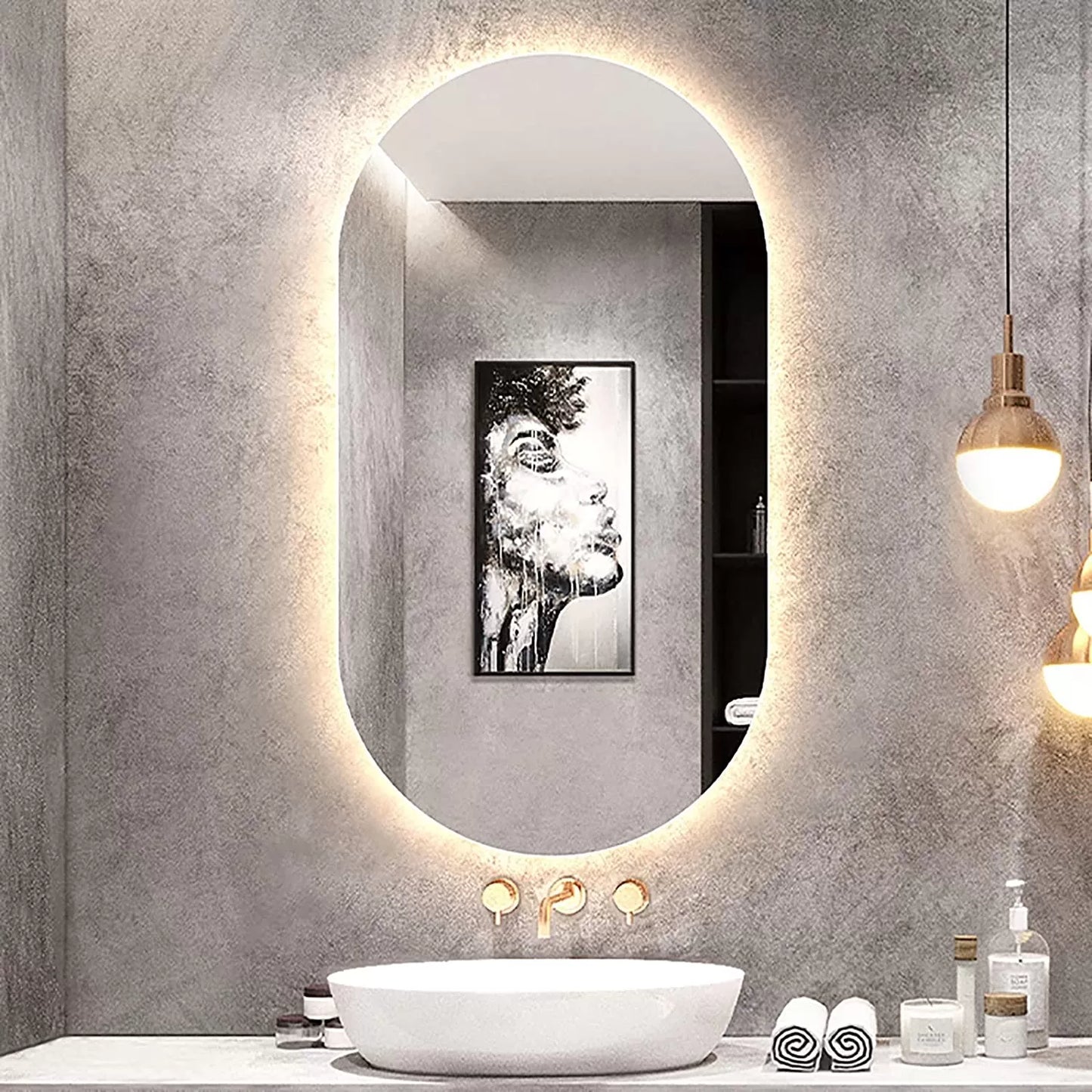 modern arch LED bathroom mirror with warm halo backlight capsule vanity mirror luxury interior