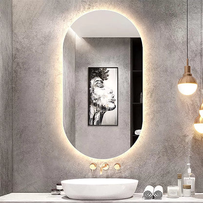 modern arch LED bathroom mirror with warm halo backlight capsule vanity mirror luxury interior