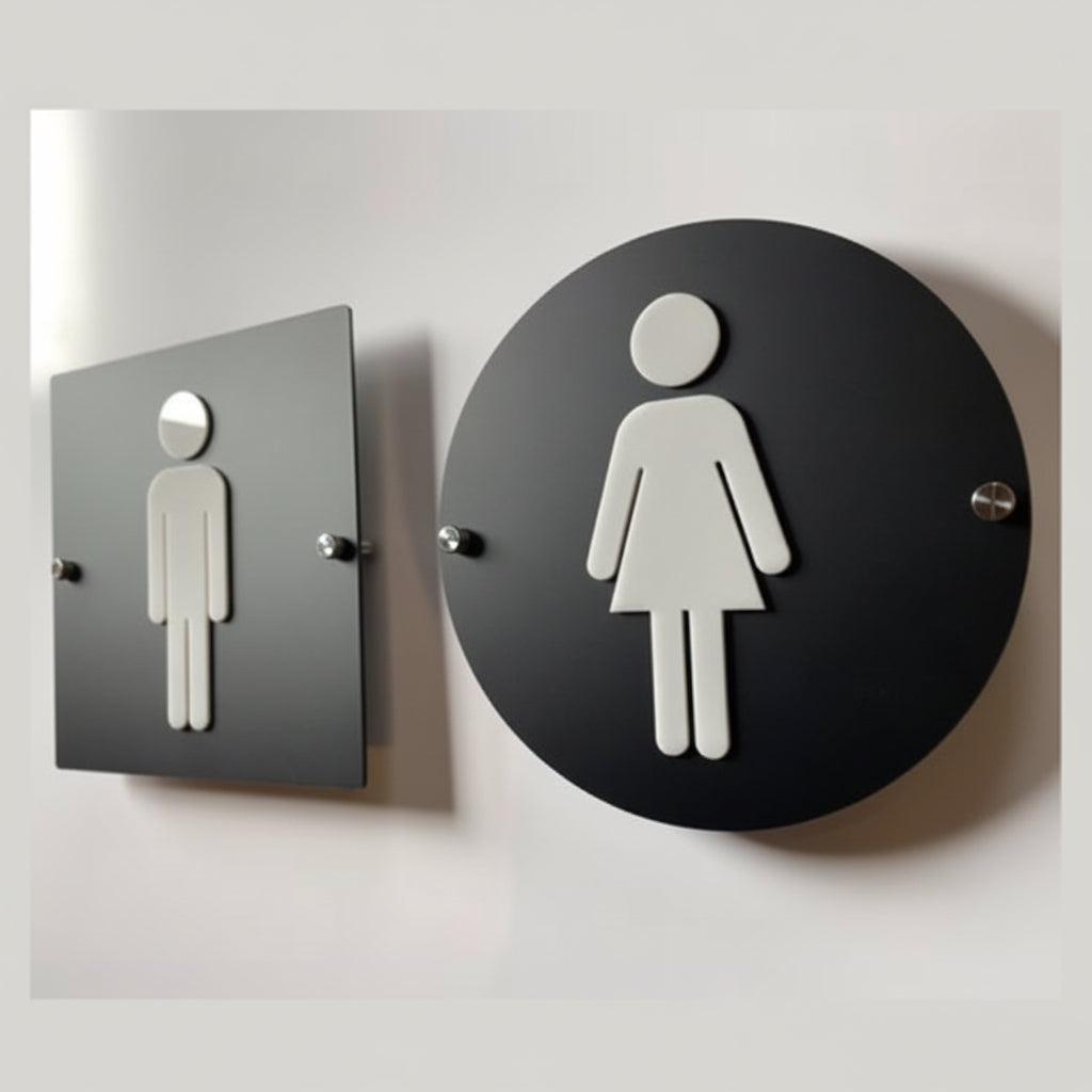 Modern black restroom sign set with round and square male female icons
