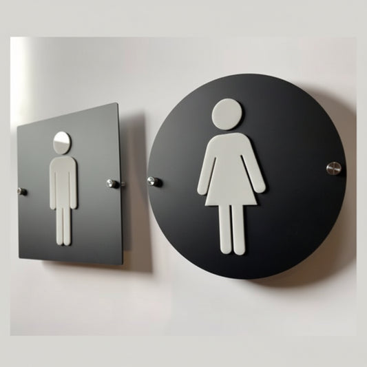 Modern black restroom sign set with round and square male female icons
