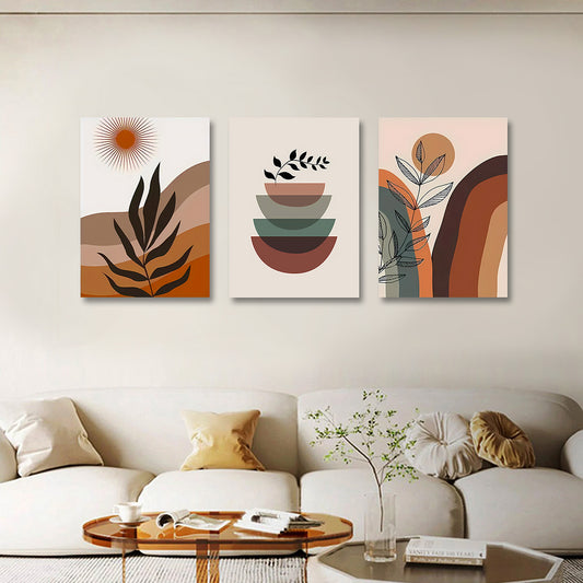 Modern boho abstract wall art set of 3 with sun, leaves and geometric shapes
