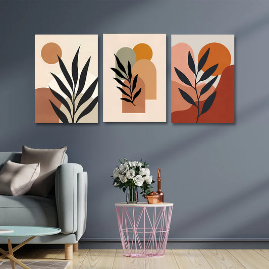 Modern boho abstract wall art set of 3 with sun, leaves and geometric shapes
