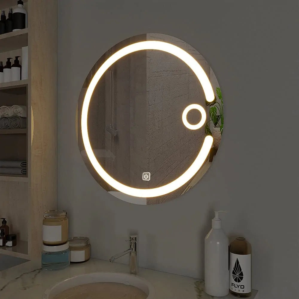 modern circular LED bathroom mirror with dual ring light glowing round vanity mirror interior