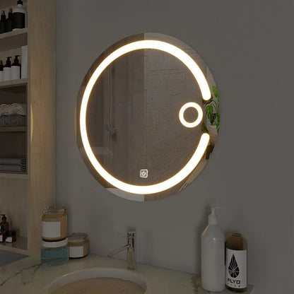 modern circular LED bathroom mirror with dual ring light glowing round vanity mirror interior