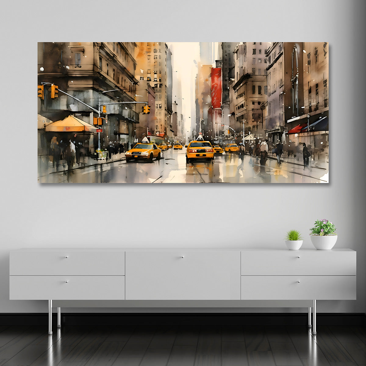 Modern city street canvas painting with yellow taxis and urban skyline wall art for living room decor
