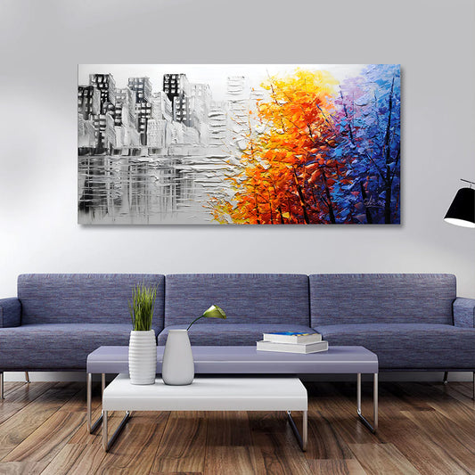modern cityscape canvas painting frame black white skyline colorful autumn trees painting on canvas wall decor for living room