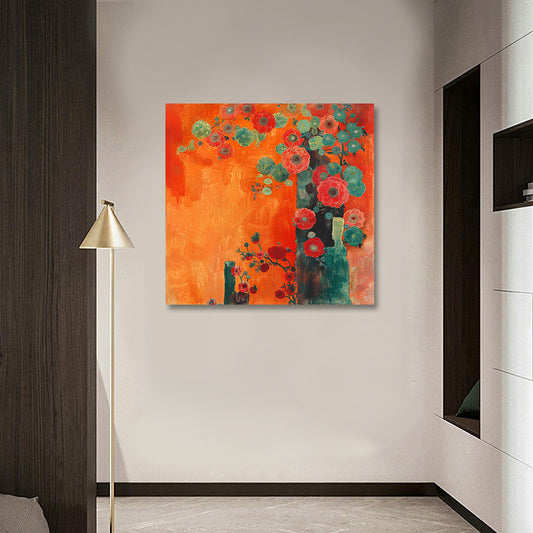 modern abstract floral canvas wall art orange background teal red flowers painting