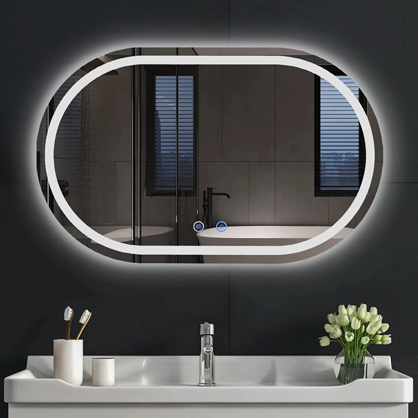 modern horizontal oval LED bathroom mirror with backlight large capsule mirror above sink