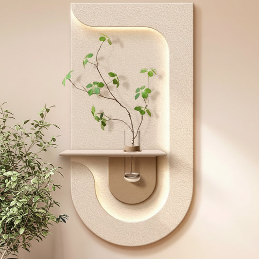 modern LED abstract wall panel with shelf and glass vase decor
