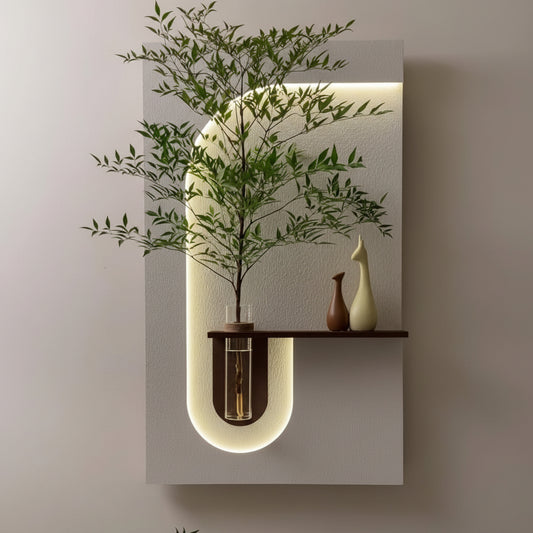 modern LED arch wall decor with shelf and glass vase plant holder
