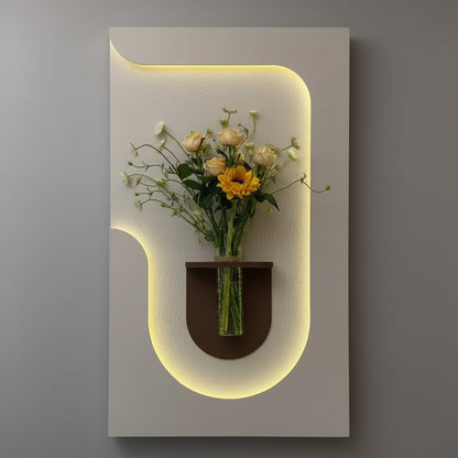 modern LED curved wall panel with glass vase and flower decor
