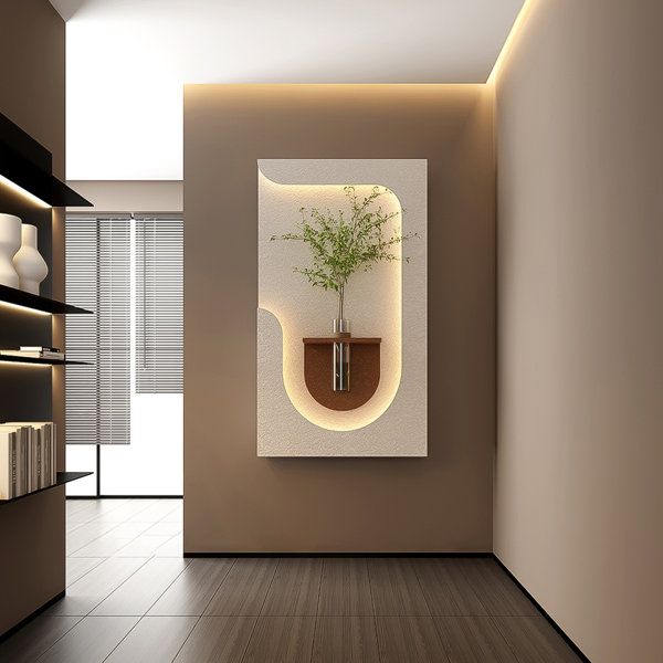 modern LED designer wall panel with arch light and glass vase shelf
