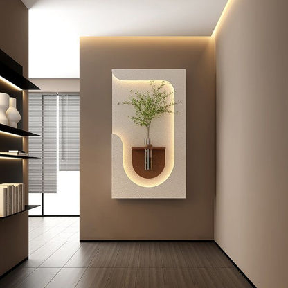 modern LED designer wall panel with arch light and glass vase shelf
