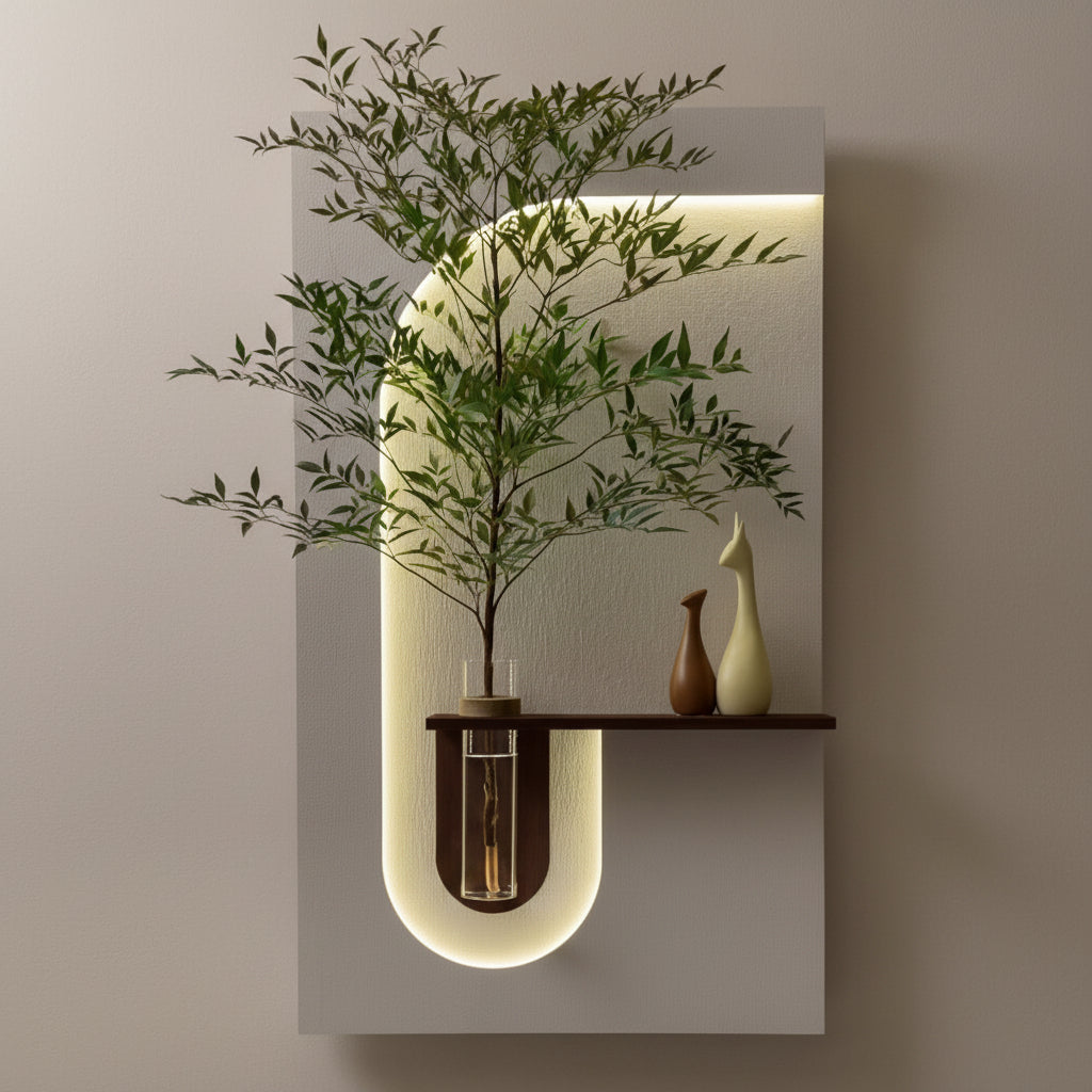 modern LED wall panel with shelf and glass vase plant decor
