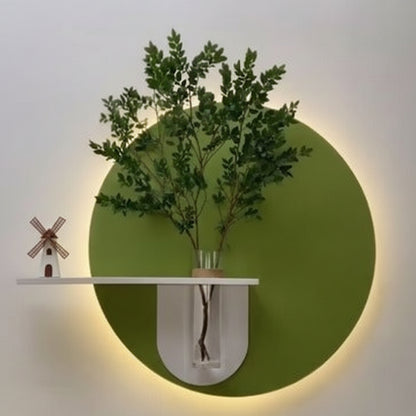 modern LED dual tone circle wall decor with shelf and glass vase
