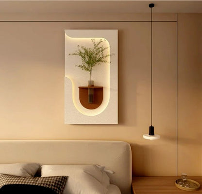 modern LED wall panel with shelf and glass vase bedroom decor
