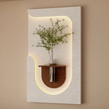 modern LED textured wall panel with shelf and glass vase plant decor

