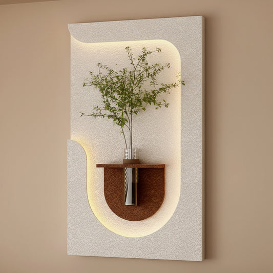 modern LED textured wall panel with shelf and glass vase plant decor
