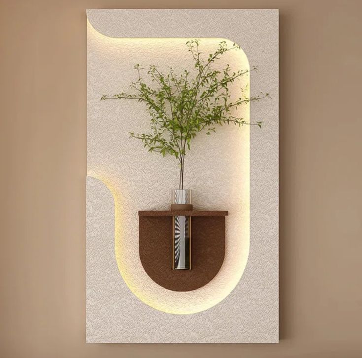modern LED textured wall panel with glass vase and plant decor
