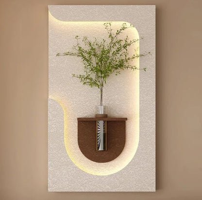 modern LED textured wall panel with glass vase and plant decor
