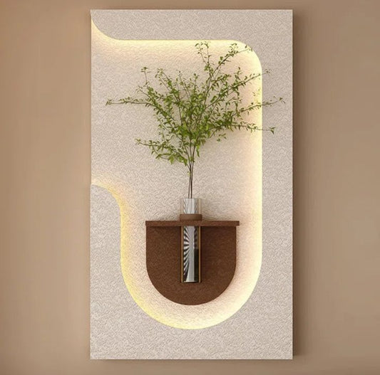modern LED textured wall panel with glass vase and plant decor
