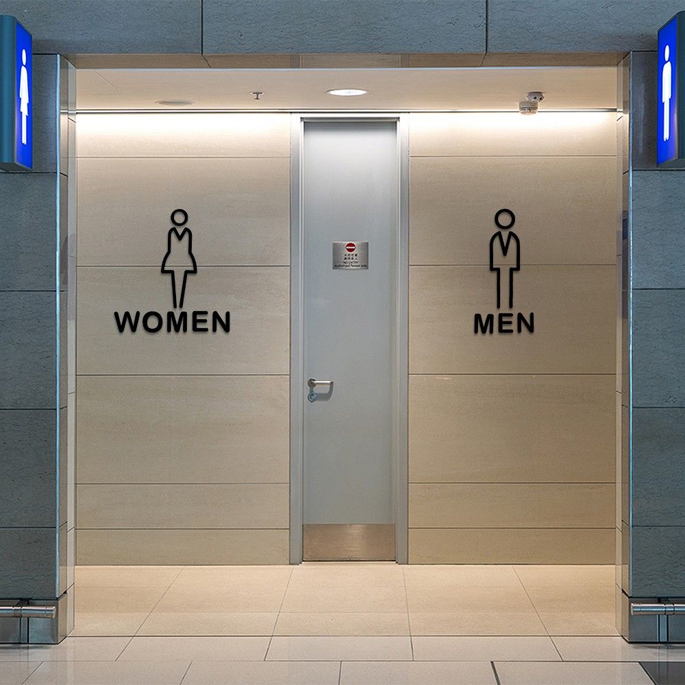 Modern men women restroom wall sign with bathroom symbols and lettering for commercial washroom entrances.