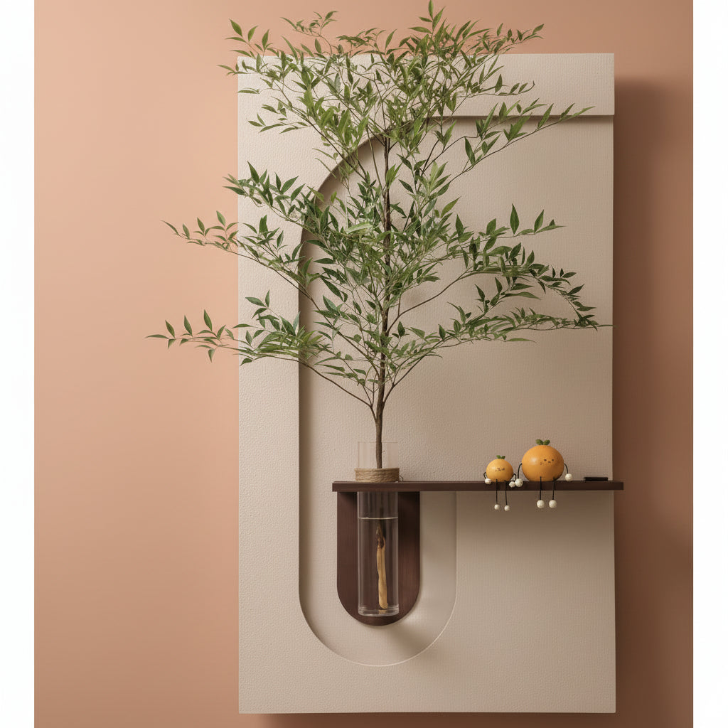modern abstract wall panel with shelf and glass vase plant decor
