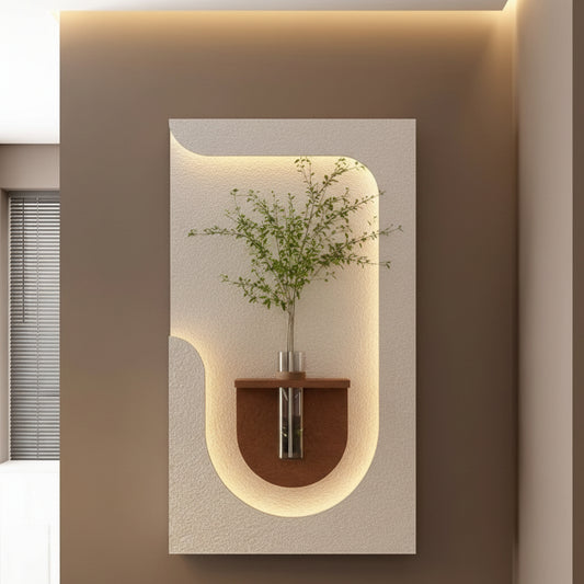 modern minimalist arch wall panel with wooden shelf decor
