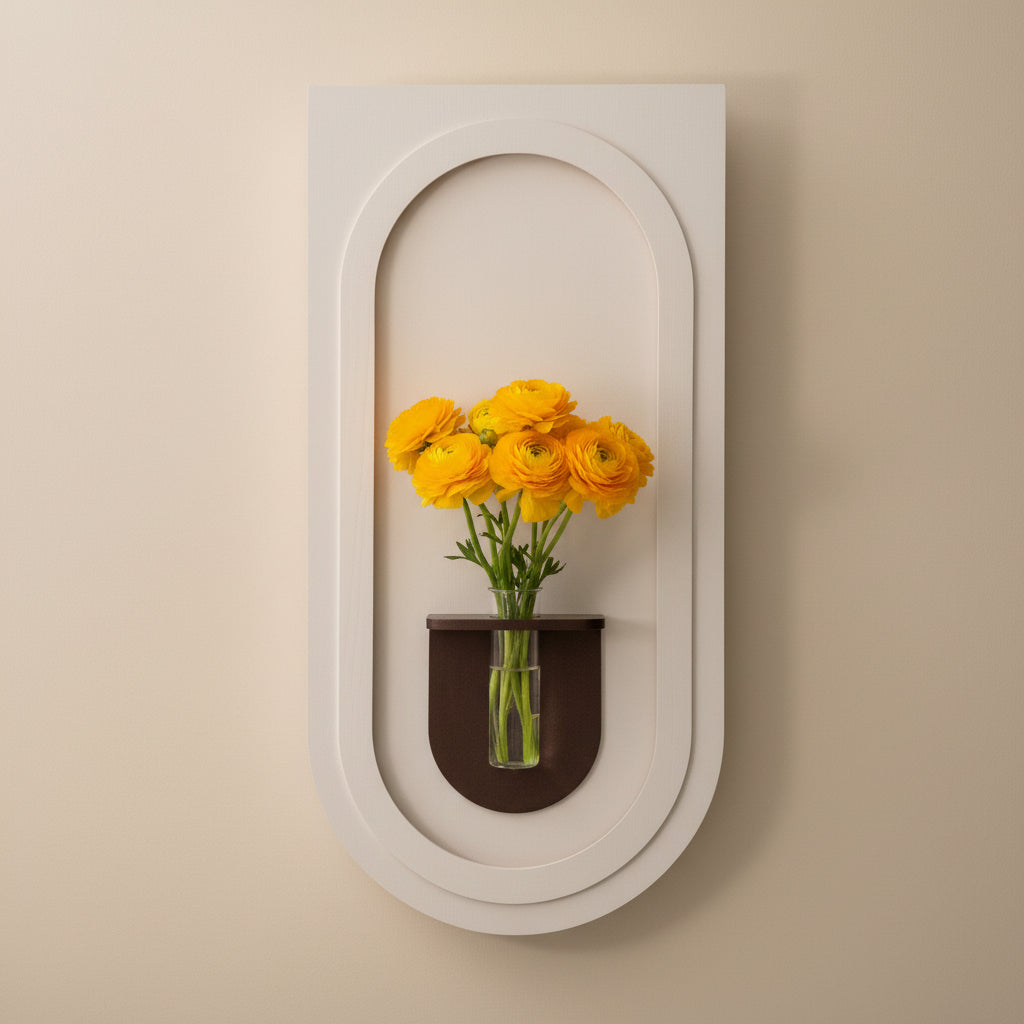 modern minimalist arch wall panel with glass vase and yellow flowers
