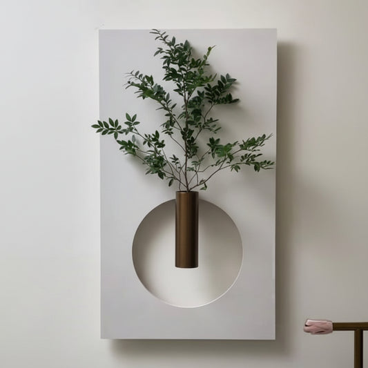 modern circle cut wall panel with shelf and glass vase plant decor
